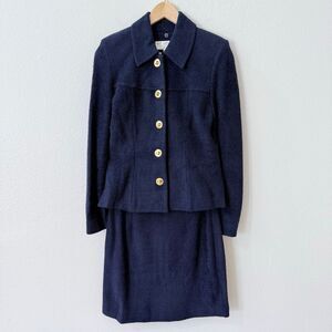 VTG St. John Collection Marie Grey Women 4 Navy Blue Skirt Suit With Blazer Wool